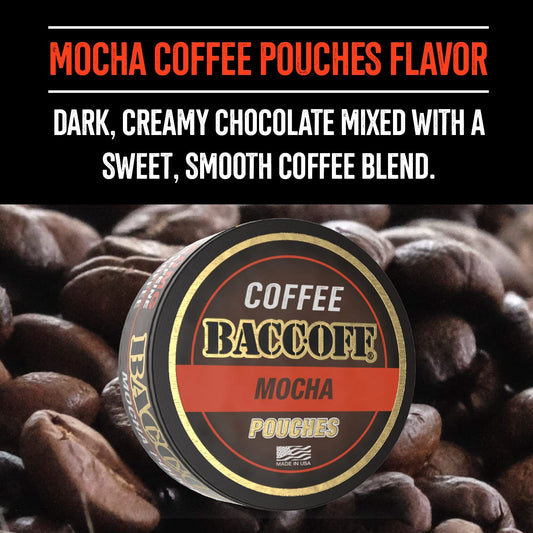 BACC OFF Mocha coffee pouches pack shot highlights grab-and-go design.