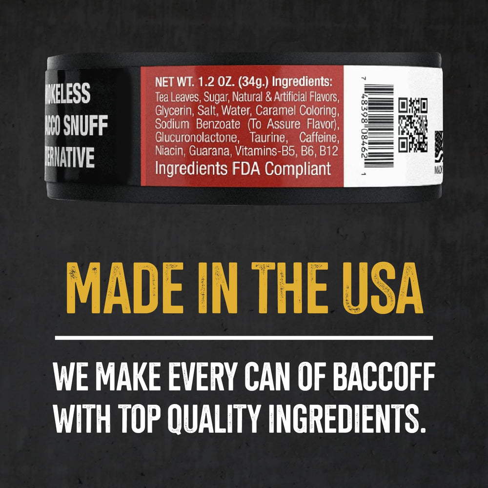 Close-up of BACC OFF can highlighting caffeine and B-vitamins for a quick boost.