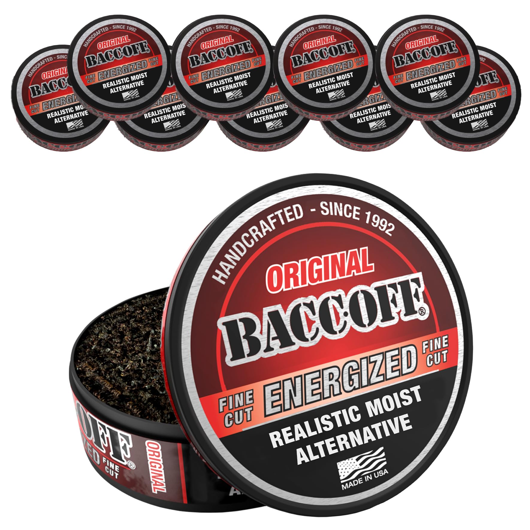 BACC OFF Original Energized Fine Cut can front with bold flavor and energy vibe.
