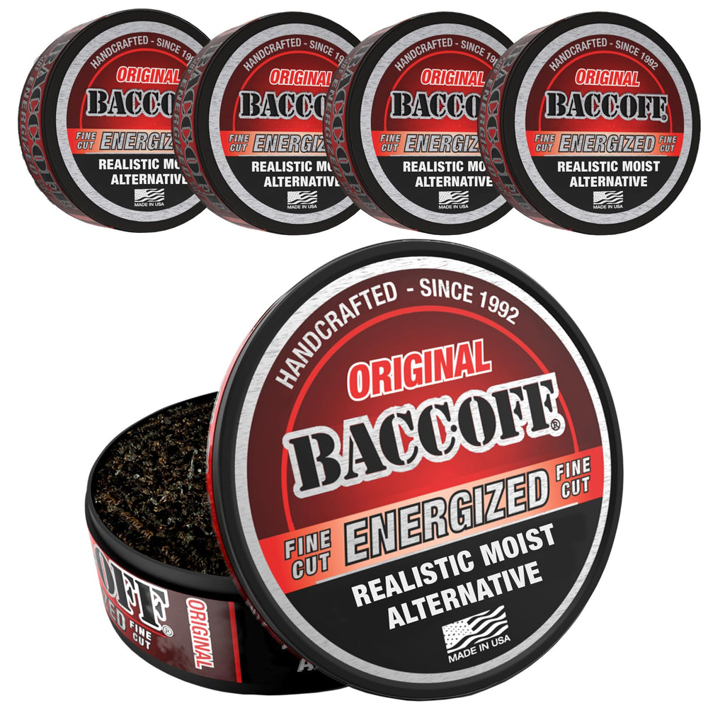 BACC OFF Original Energized Fine Cut can front highlights on the go energy and bold flavor