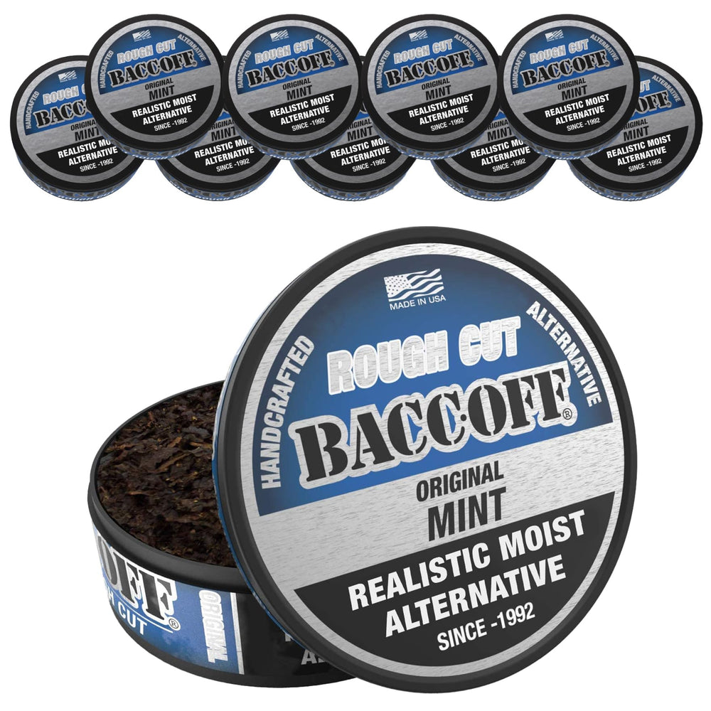 BACC OFF Mint Rough Cut can front view showcases bold icy mint flavor.