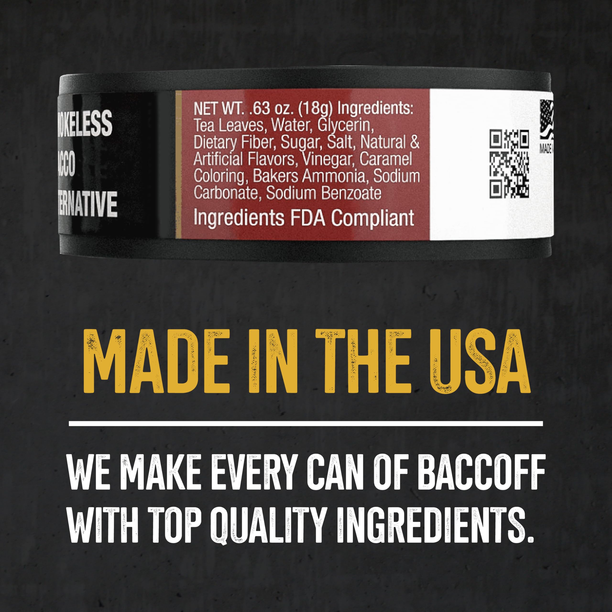 Closeup of BACC OFF straight pouches pack and label highlighting bold flavor.