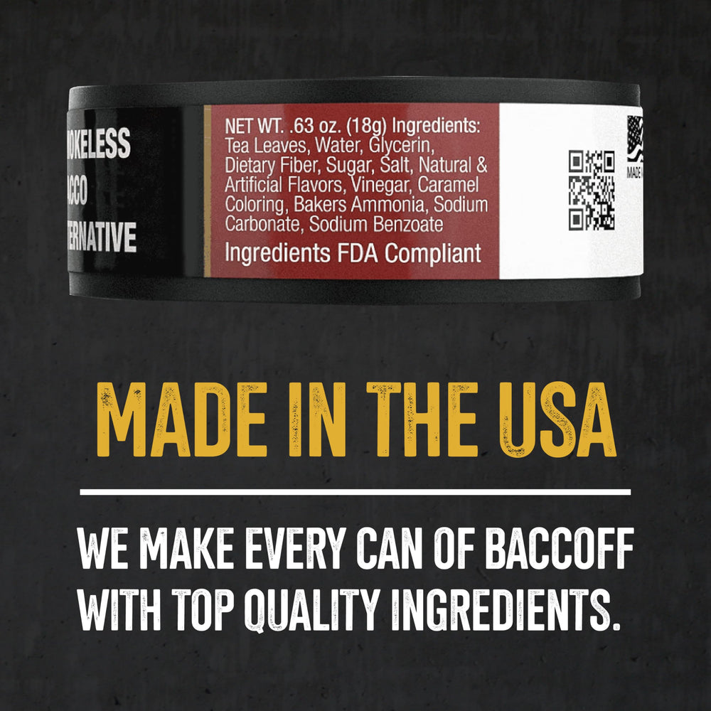 Closeup of BACC OFF straight pouches pack and label highlighting bold flavor.