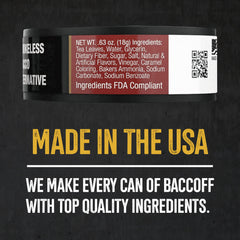 Closeup of BACC OFF straight pouches pack and label highlighting bold flavor.