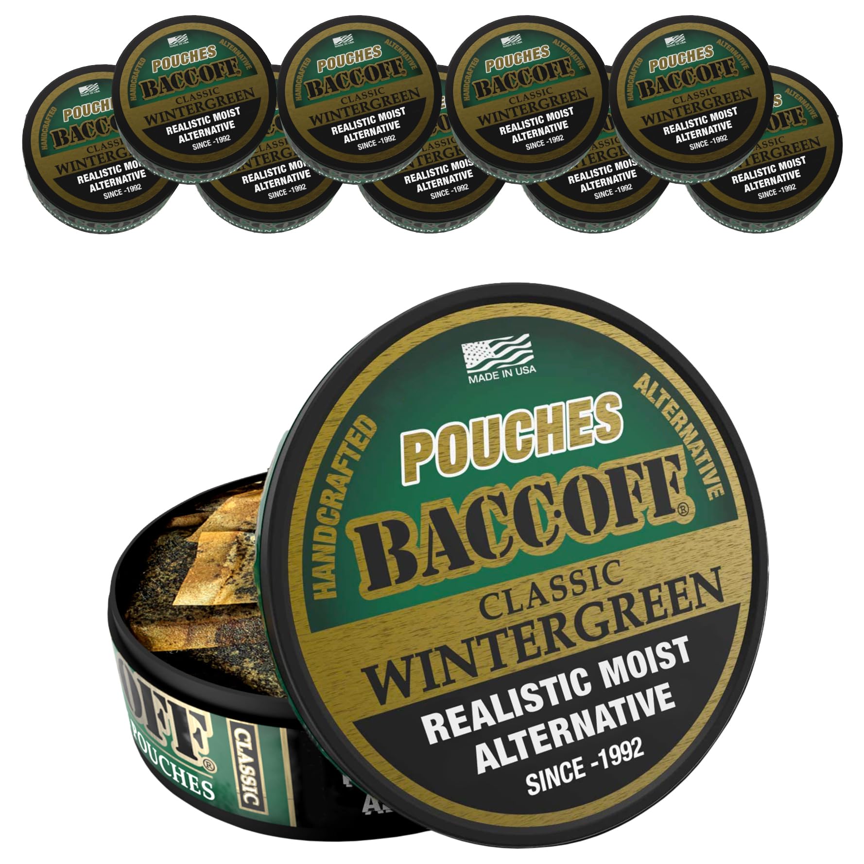 BACC OFF Wintergreen pouches in close-up can, bold flavor for anytime