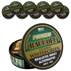 BACC OFF Wintergreen pouches in close-up can, bold flavor for anytime