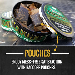 BACC OFF Wintergreen pouches in pinch-action demonstrate easy use