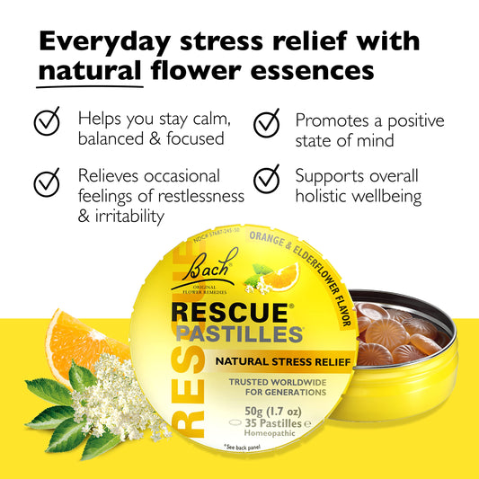 Bach Rescue Pastilles packaging showing sugar-free formula for stress relief.
