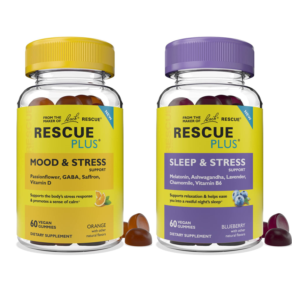 Bach Rescue Plus Day & Night bundle packaging showing dual gummies for mood and sleep support