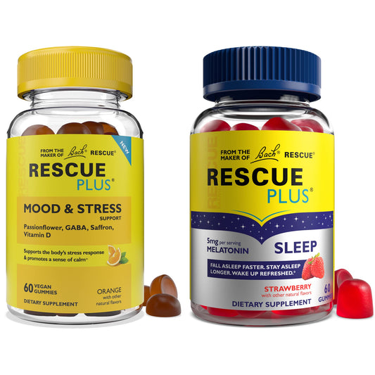 Bach Rescue Plus Mood & Stress gummies bottle for quick calm and balance.
