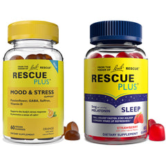 Bach Rescue Plus Mood & Stress gummies bottle for quick calm and balance.