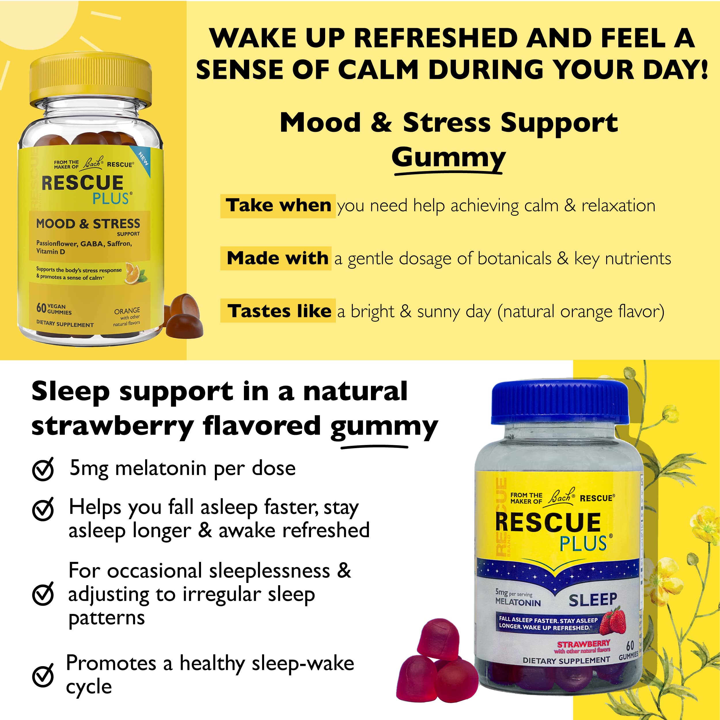 Front pack of Bach Rescue Plus Mood & Stress gummies highlighting ingredients inspiration.