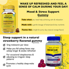 Front pack of Bach Rescue Plus Mood & Stress gummies highlighting ingredients inspiration.