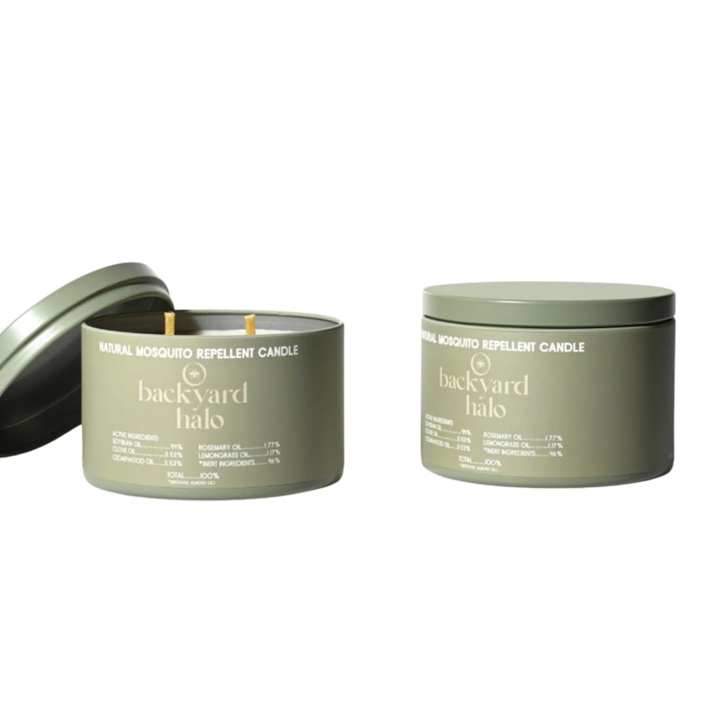 Backyard Halo mosquito repellent candle with dual wicks for efficient, clean burn.