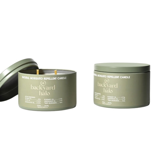 Backyard Halo mosquito repellent candle with dual wicks for efficient, clean burn.
