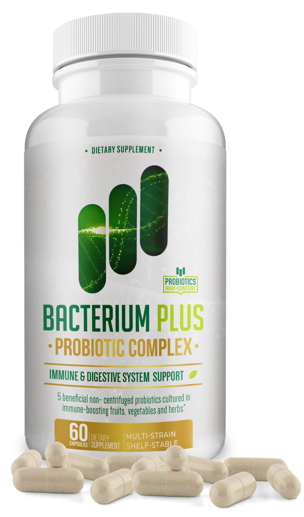 BACTICURE Bacterium Plus bottle front view with capsules for daily digestive support