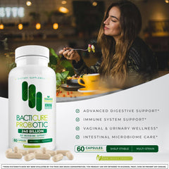 BACTICURE Original Probiotic bottle with glass for home wellness rituals.