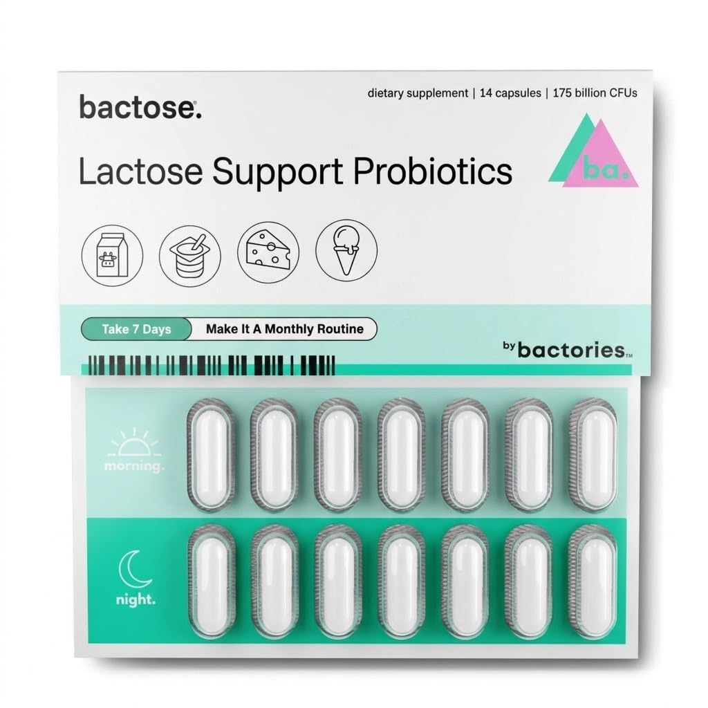 BACTOSE bottle pour demonstrates a simple monthly probiotic routine for dairy enthusiasts.