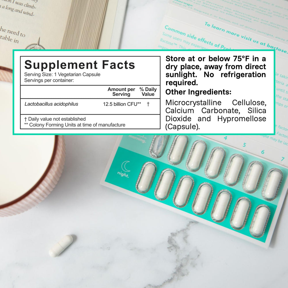 BACTOSE monthly routine pack highlights a 7-day capsule cycle for dairy users.