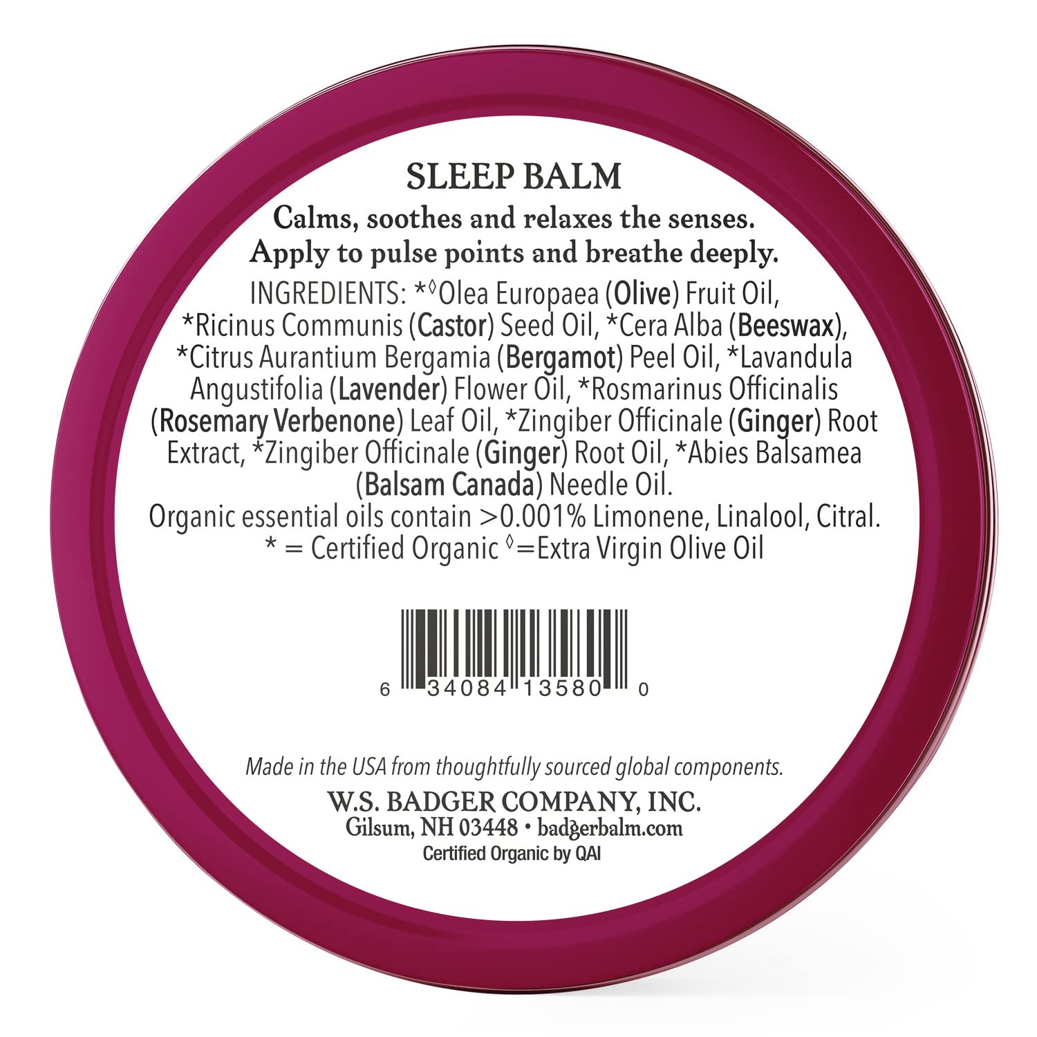 Badger Sleep Balm ingredients label showing lavender and bergamot for calm
