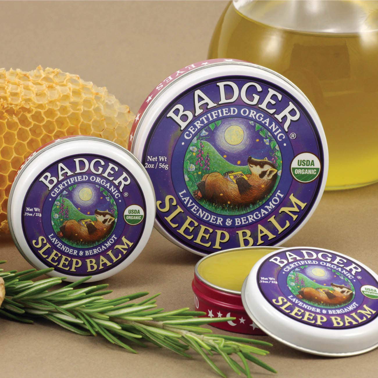 Badger Sleep Balm in a woodsy scene evokes forest calm