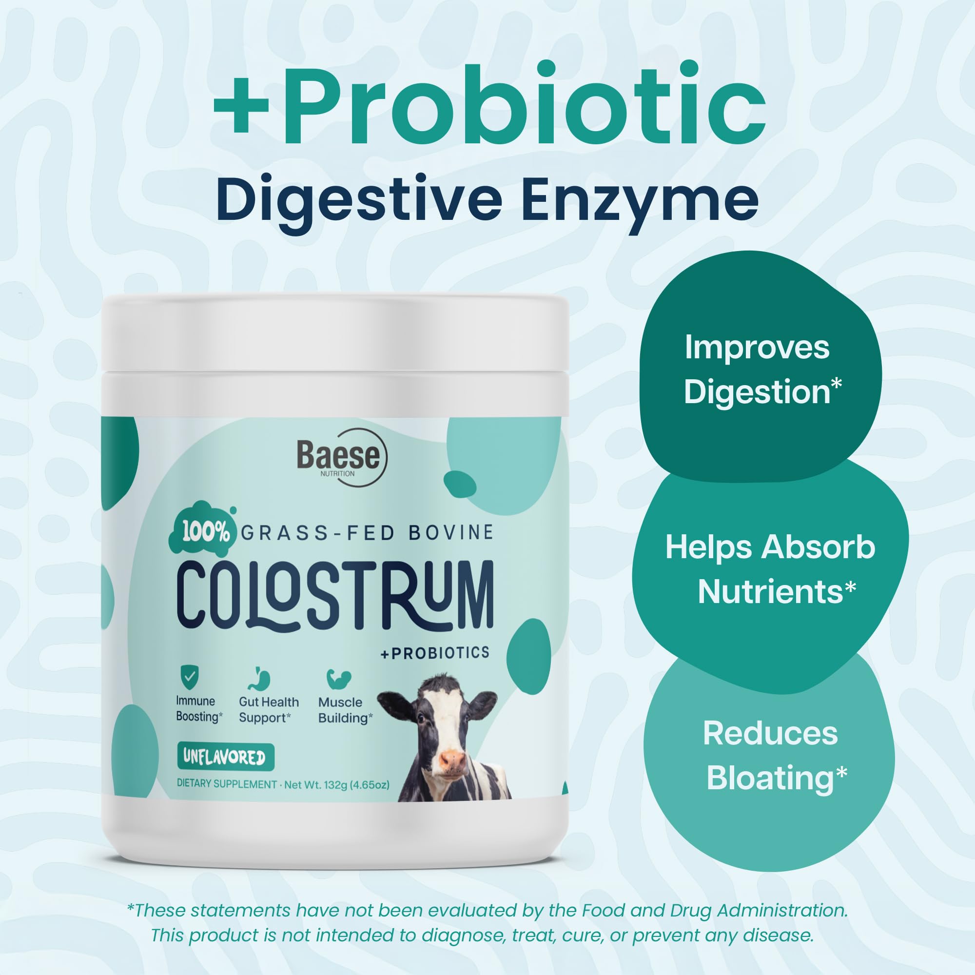Baese Nutrition unflavored colostrum powder jar closeup highlights clean ingredient profile