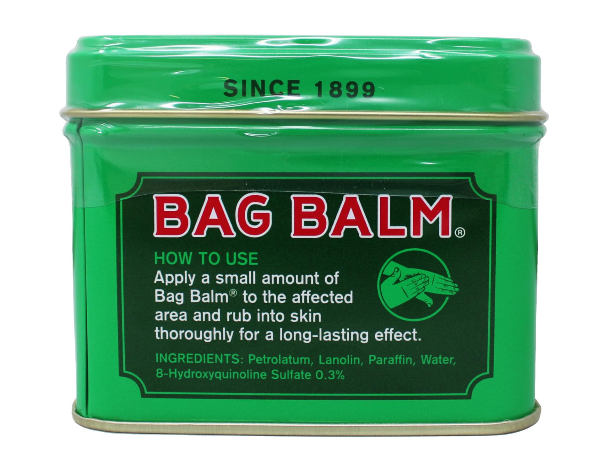 Bag Balm tin opened showing application for skin care.