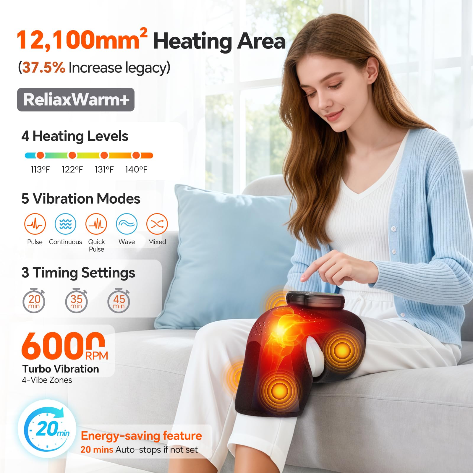 BAISEMAIN knee heat pad shows heat zone coverage for knee relief.