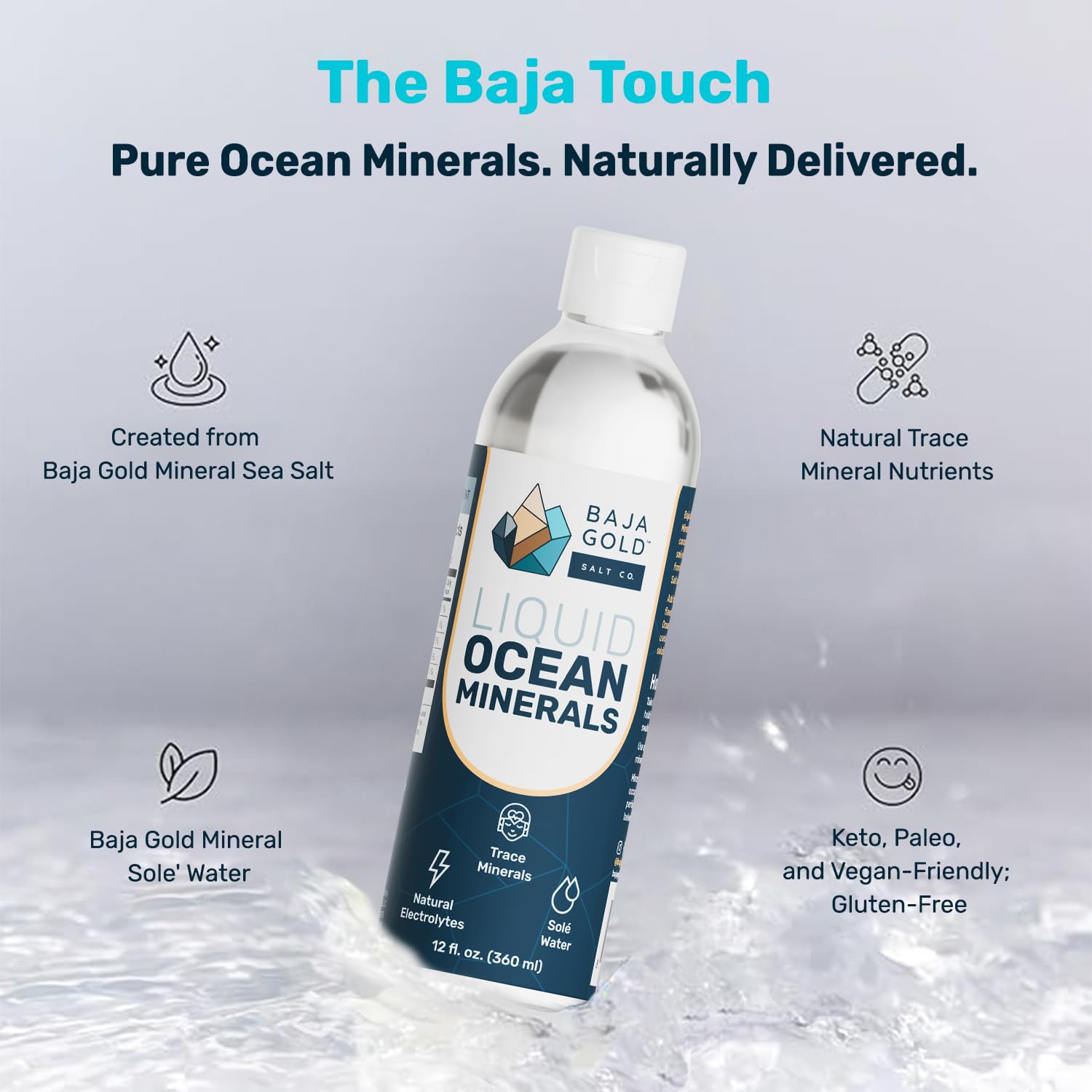 Baja Gold drops dissolving in a clear glass of water with ocean-inspired taste.