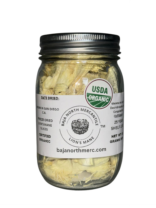 Baja North Mercantile Lion's Mane freeze-dried bottle for quick rehydration and cooking