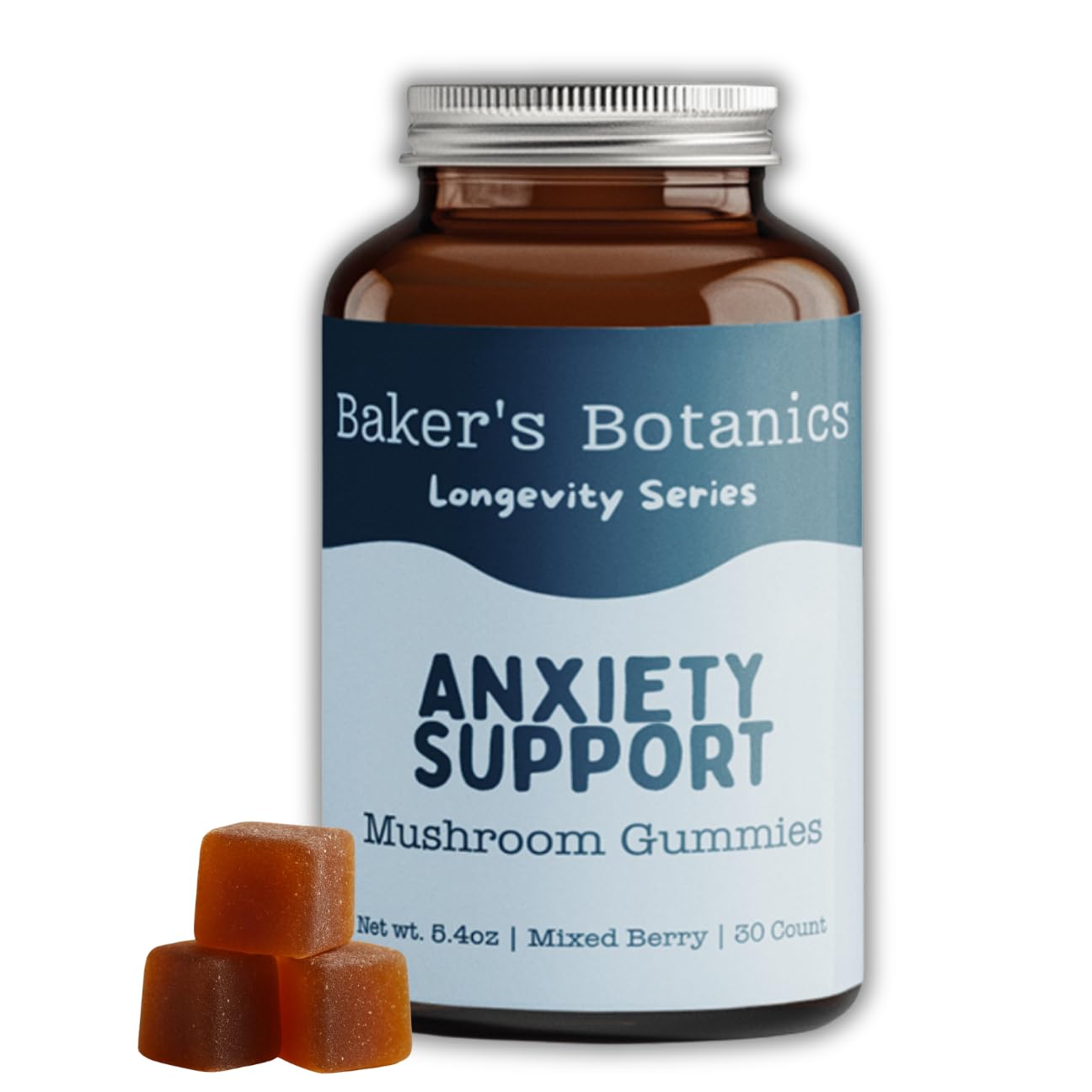 Baker's Botanics adaptogenic gummy bottle with mixed berry flavor for daily use.