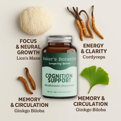 Baker's Botanics adaptogenic gummies with natural ingredients on bright background.