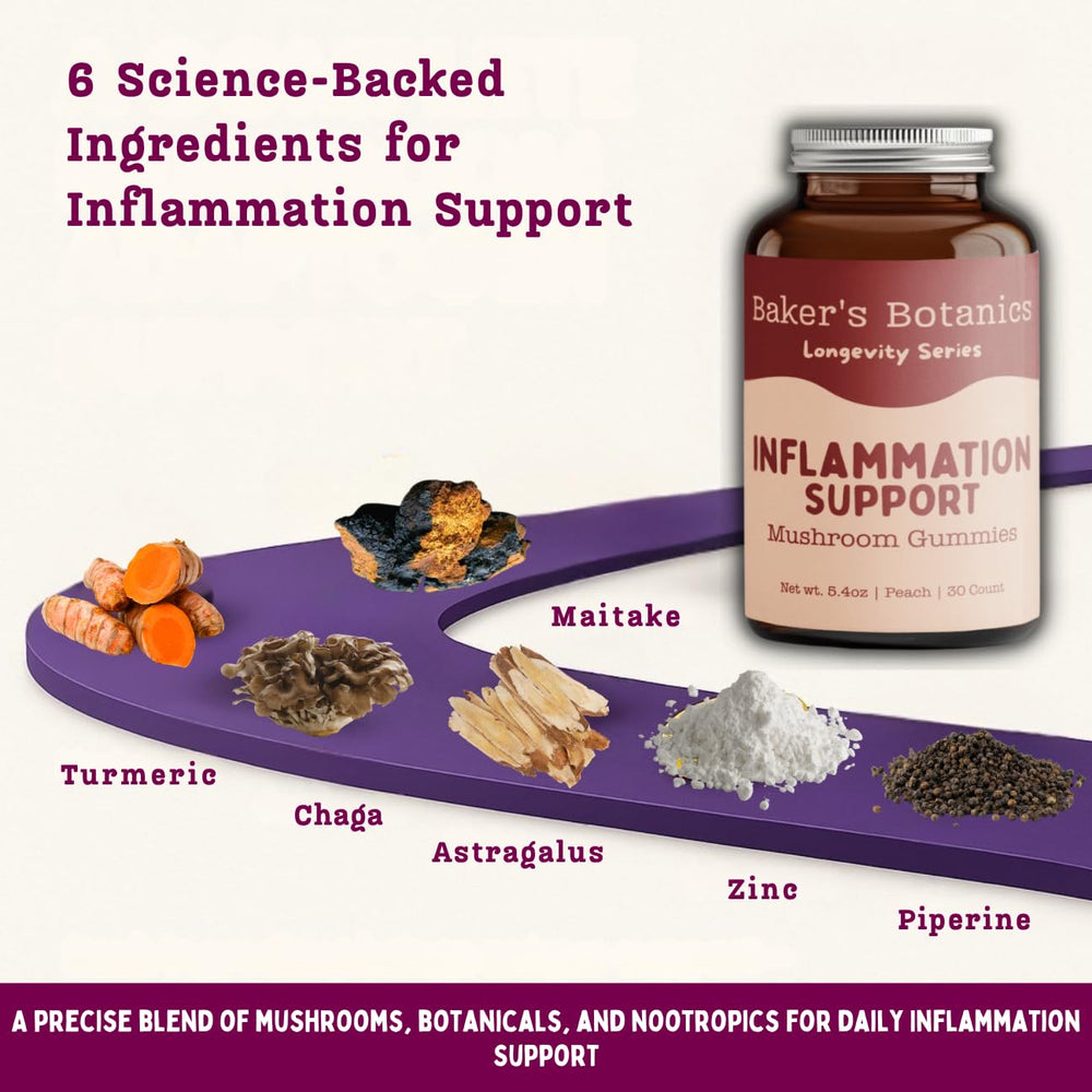Baker's Botanics Longevity Gummies maitake illustration signals resilience and everyday vitality.