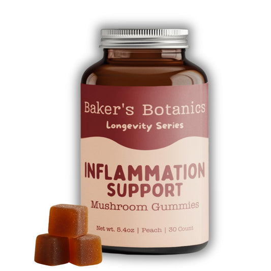 Baker's Botanics Longevity Gummies peach bottle for daily vitality support.