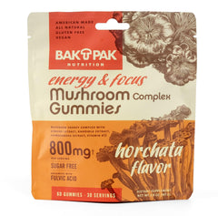 BakPak Mushroom Energy & Focus gummies bottle front with horchata flavor for daily energy