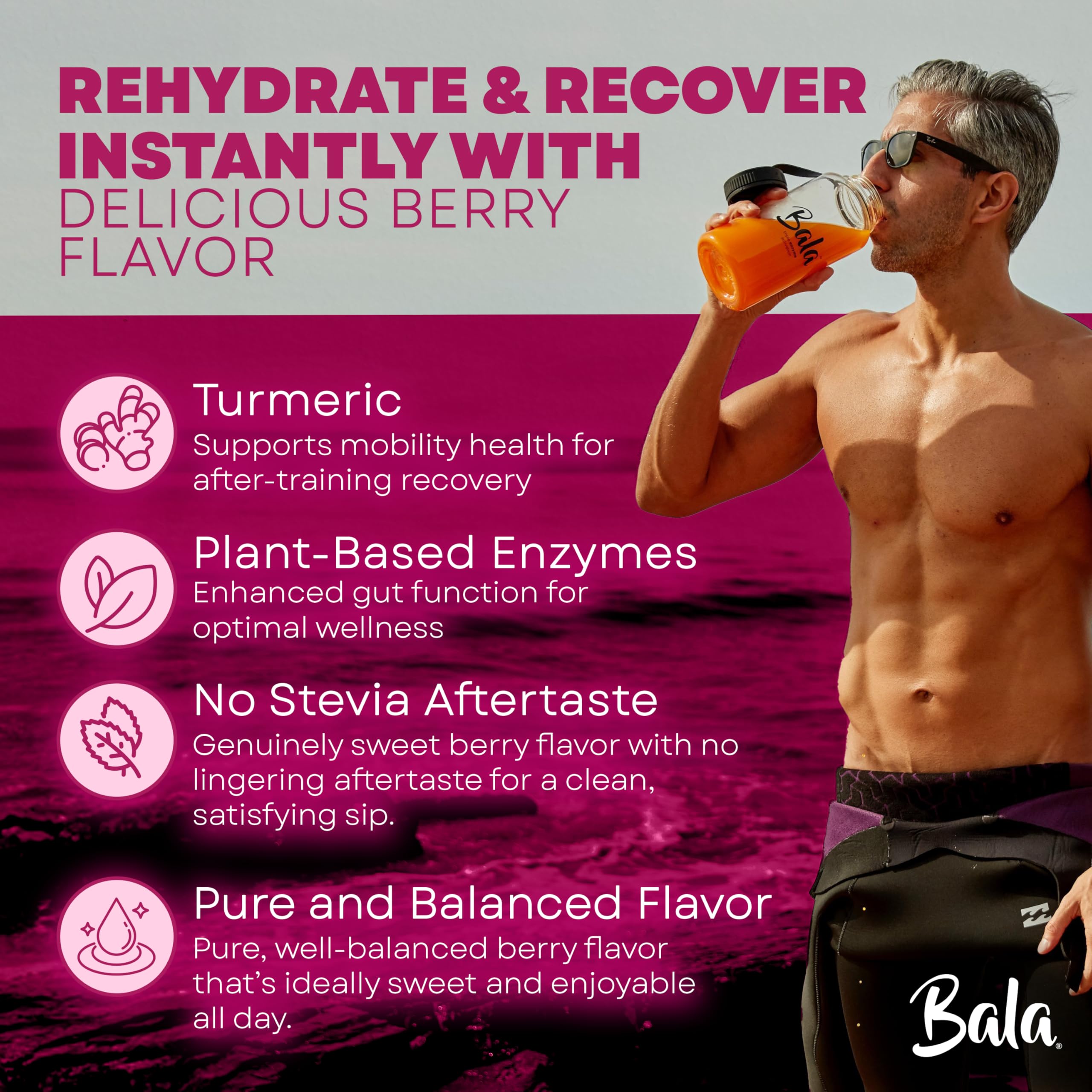 BALA Enzyme Hydration active-use scene at gym or workout setting.