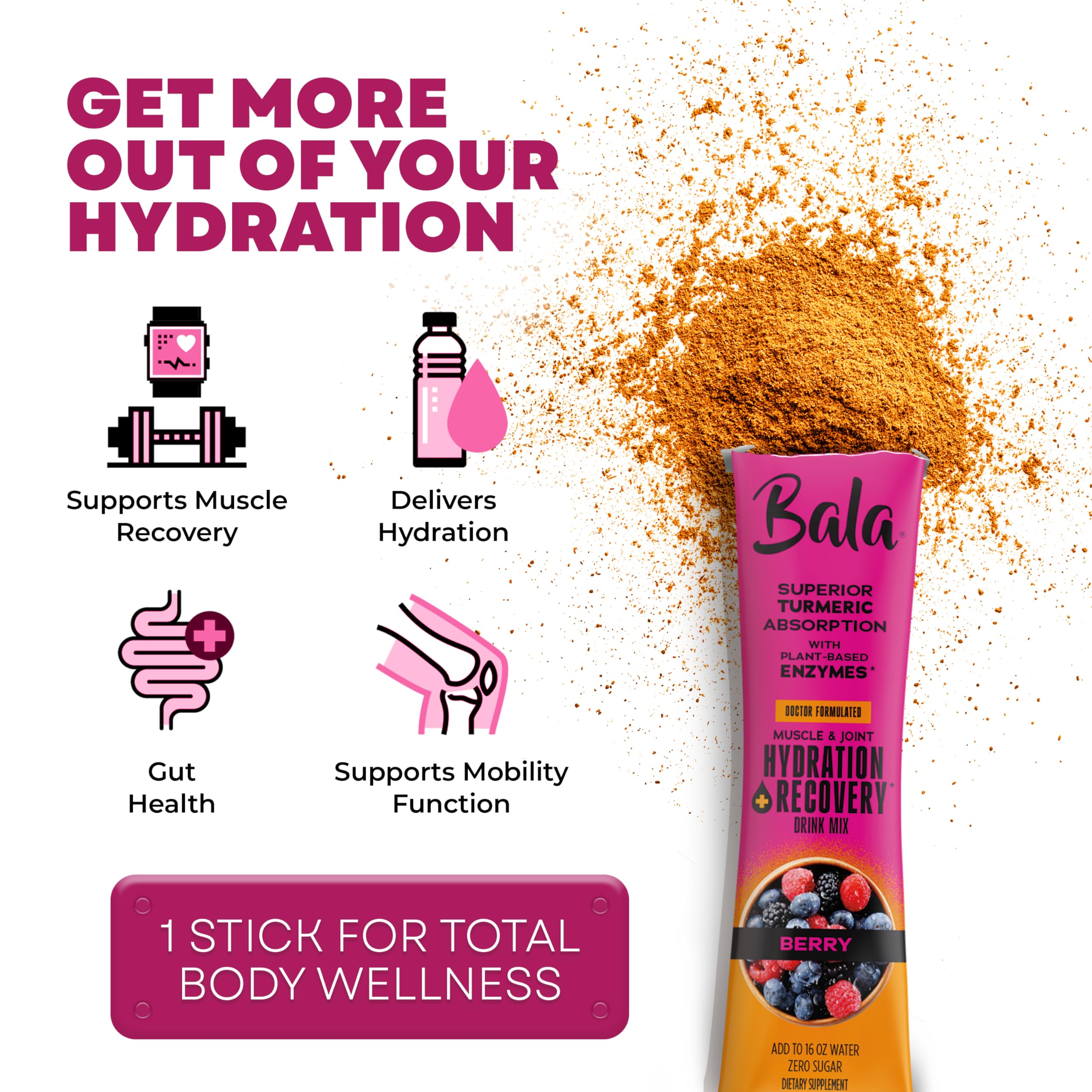 BALA Enzyme Hydration turmeric boost image highlights immune-supporting turmeric blend.