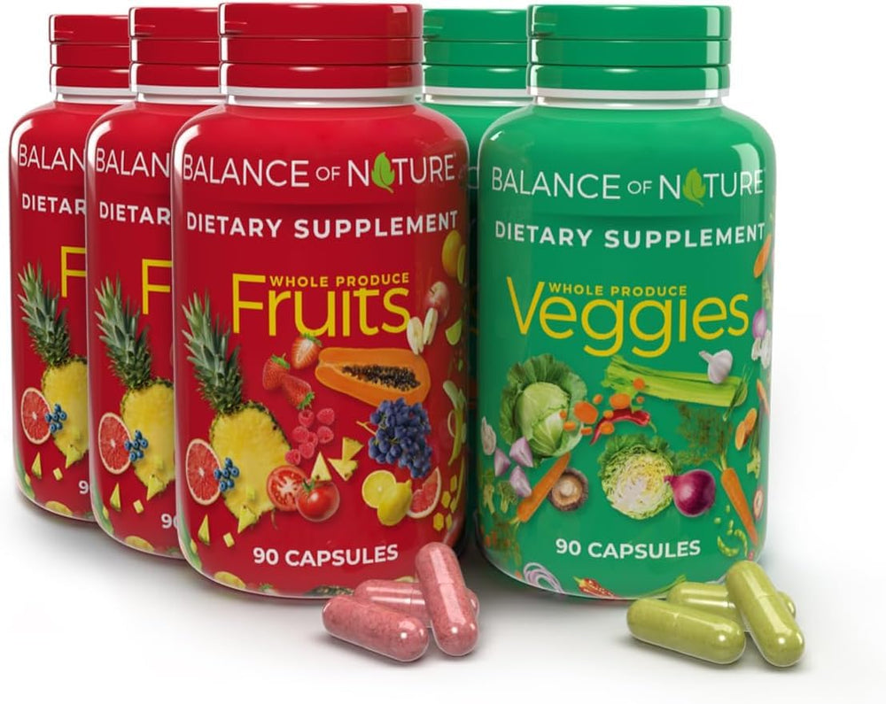 Balance of Nature Fruits bottle displaying whole-food fruit blend for daily nutrition.
