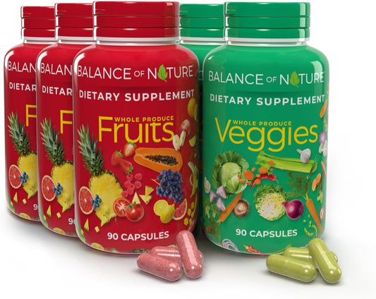 Balance of Nature Fruits bottle displaying whole-food fruit blend for daily nutrition.