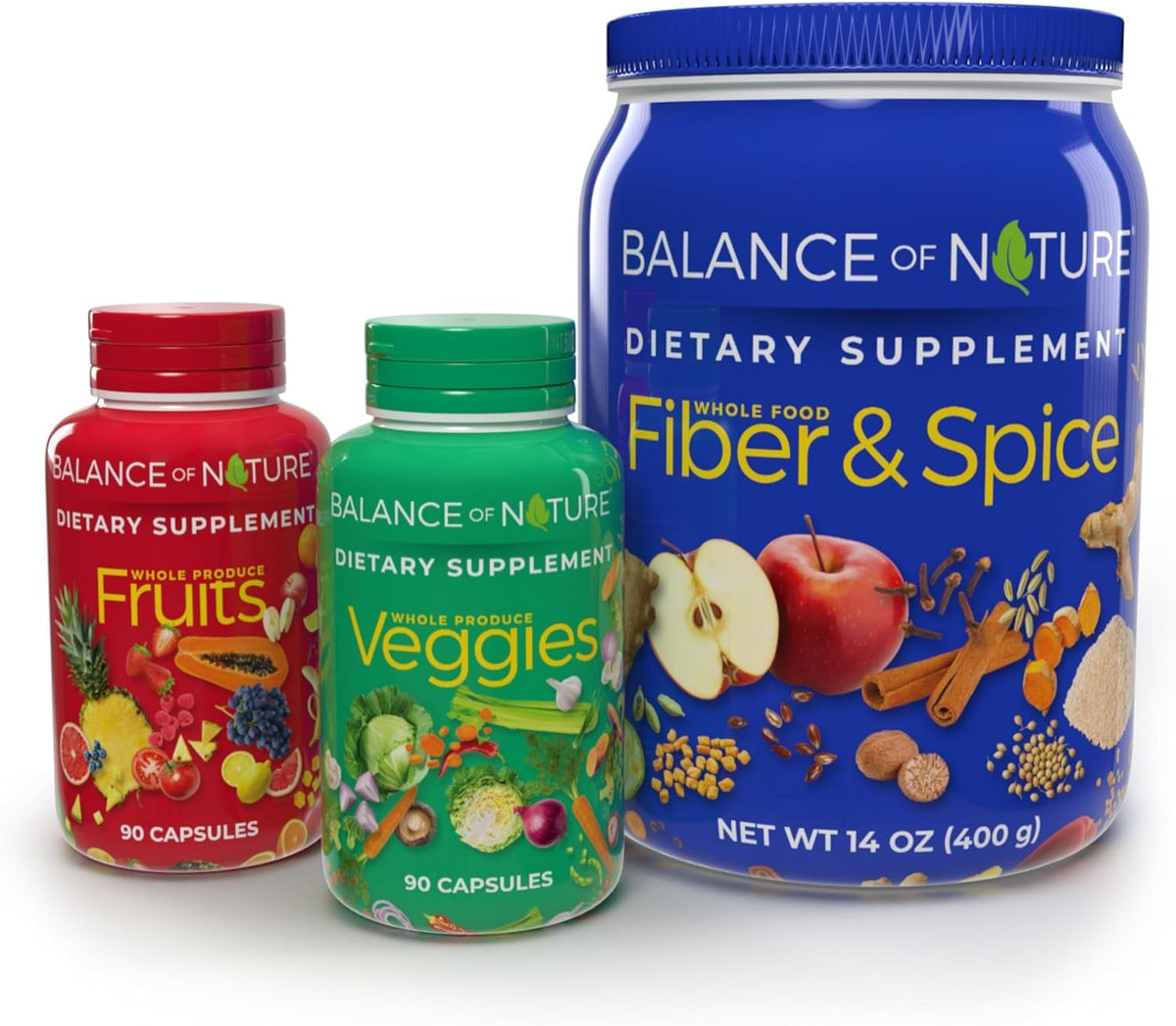 Balance of Nature Fruits supplement bottle shows a vibrant fruit blend for daily nutrition.
