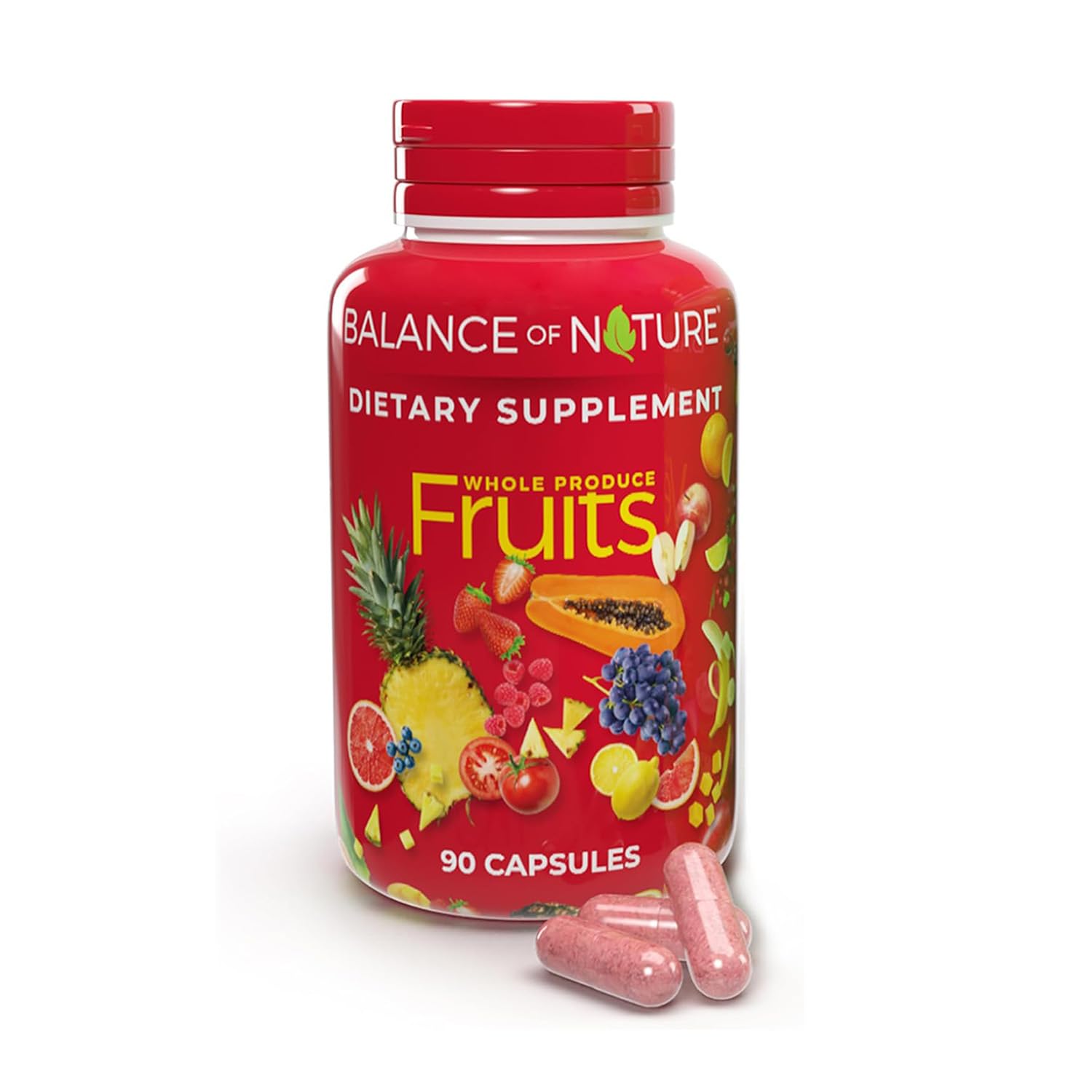 Balance of Nature Fruits supplement bottle showing vegan, gluten-free ingredients