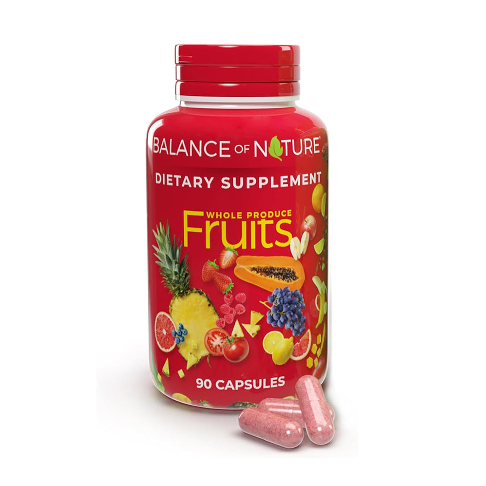 Balance of Nature Fruits supplement bottle showing vegan, gluten-free ingredients