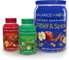 Balance of Nature Fruits supplement bottle shows a vibrant fruit blend for daily nutrition.