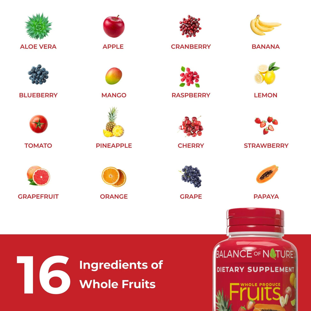 Balance of Nature Fruits supplement capsules shown with a glass of water