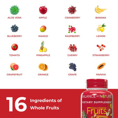 Balance of Nature Fruits supplement capsules shown with a glass of water