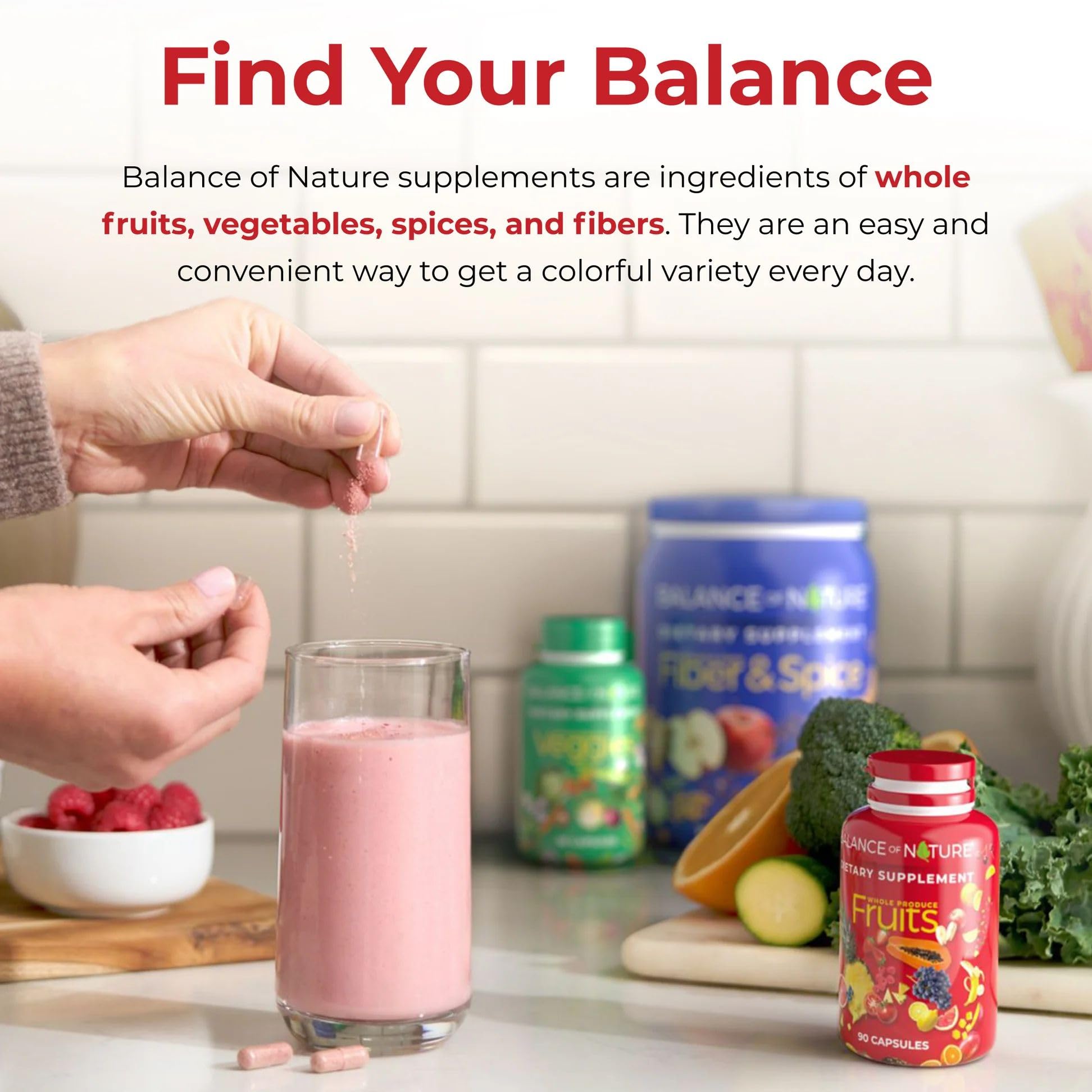 Balance of Nature Fruits supplement ingredients list including aloe vera and berries