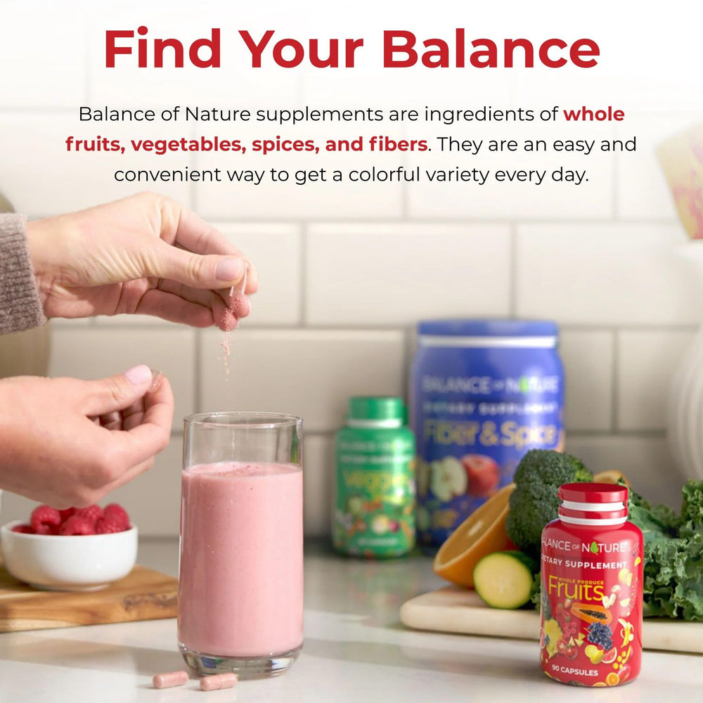 Balance of Nature Fruits supplement ingredients list including aloe vera and berries