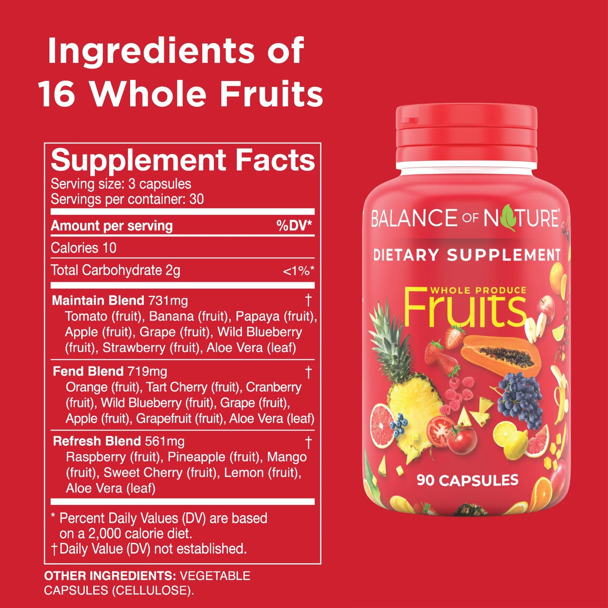 Balance of Nature Fruits supplement label highlighting natural fruit blend