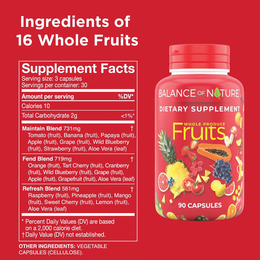 Balance of Nature Fruits supplement label highlighting natural fruit blend