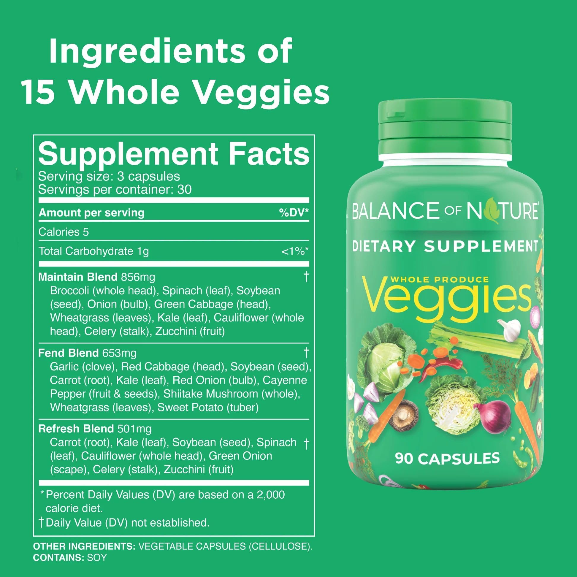 Balance of Nature Veggies bottle back label highlighting gluten-free, vegan formula